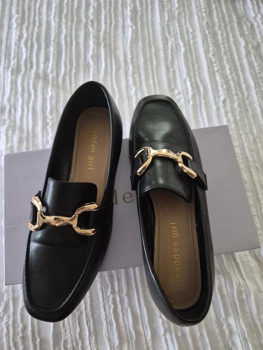 Madden Girl Black Loafers with Gold Horsebit Detail